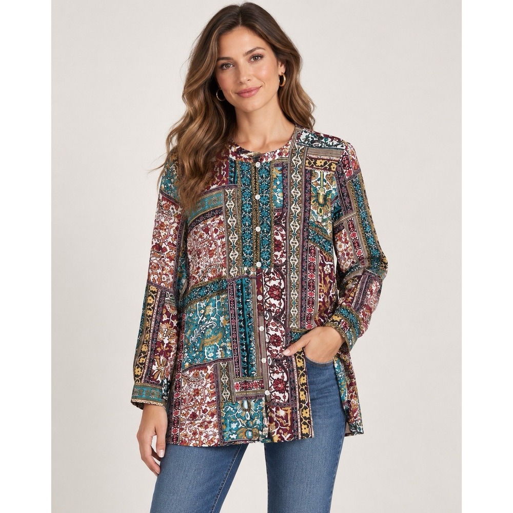 J Jill Shirt Womens Small Boho Patchwork Print Henley Tunic Top Button Front